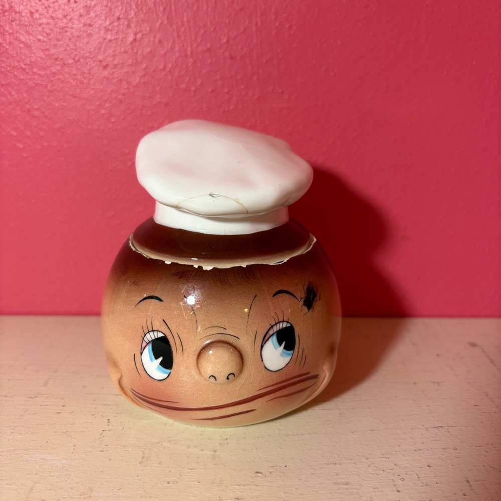 PY Oh My A Fly * Whimsical Ceramic Face Jar with Removable White Hat Lid Vintage